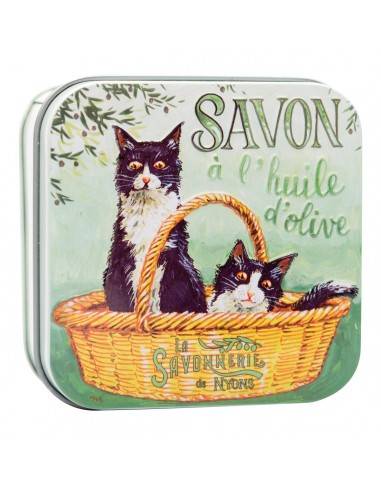 Savon boîte métal fleur de coton (Motif chat noir)