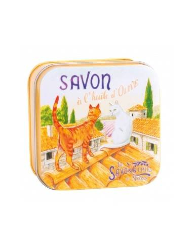 Savon boîte métal rose (Motif chat sur toit)